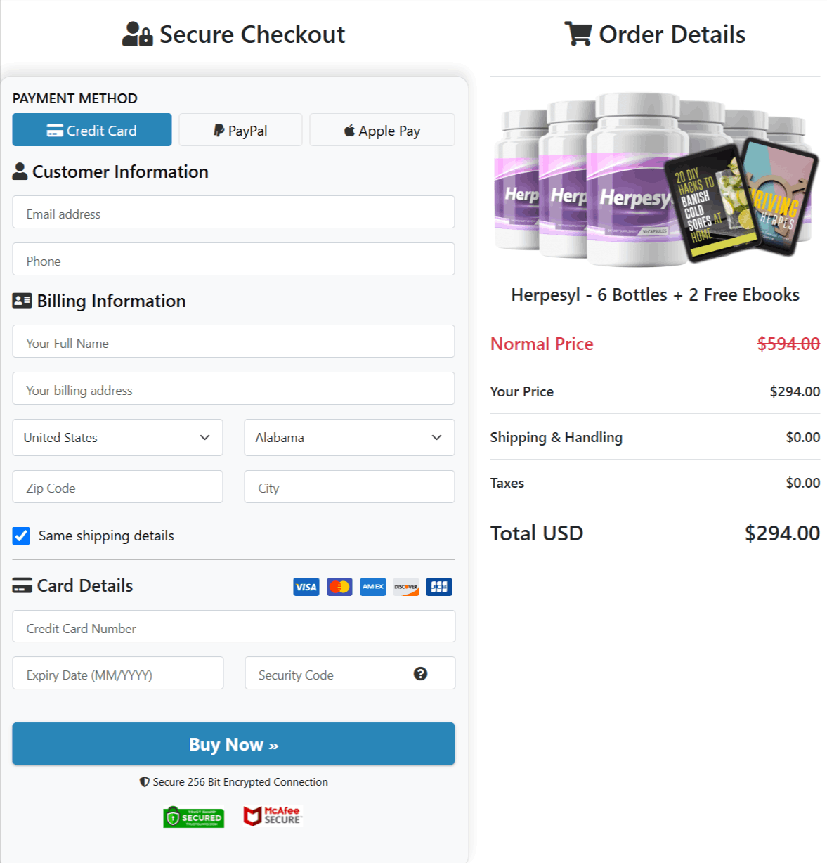 Herpesyl  Checkout page